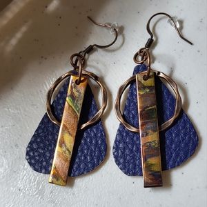 Flame painted copper and faux leather earrings